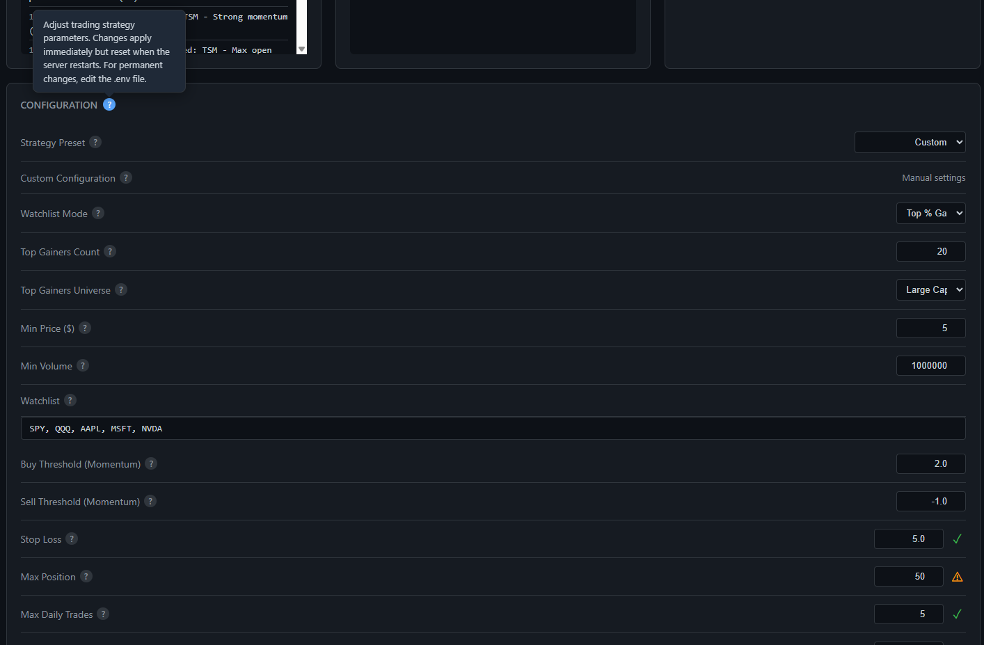 Configuration panel